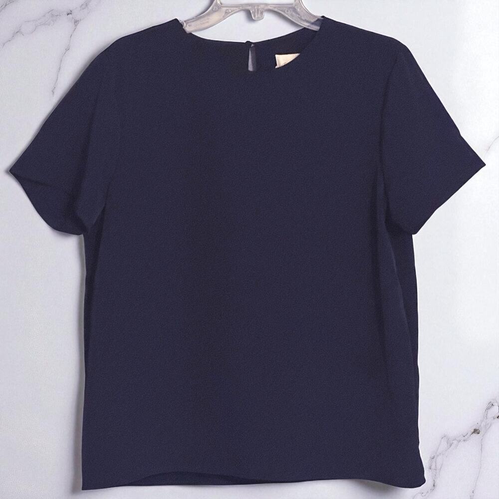 Vintage 80s Andre Sauvage Satin Blouse Top Sz Medium Glam Navy Blue Short Sleeve